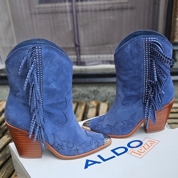 Aldo x Tezza Desert Star Blue Suede Fringe Booties - Picture 1 of 12